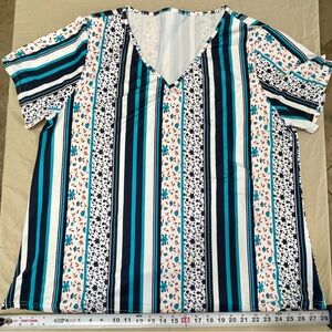 Multicolor Striped Floral Knit Blouse, V-Neck, Short Sleeve, Women’s 2XL